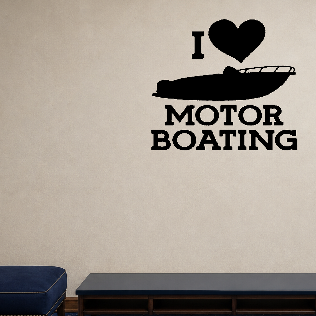 I love motor boating Style 2 Removable Vinyl Decal for Interior Walls shown as a removable vinyl wall decal in a second room setting