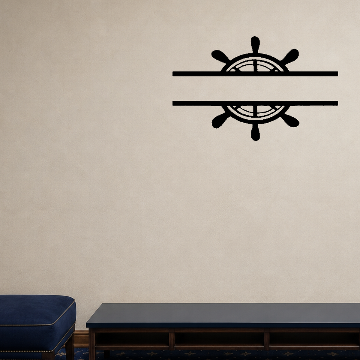 Boat wheel line design Removable Vinyl Decal for Interior Walls shown as a removable vinyl wall decal in a second room setting