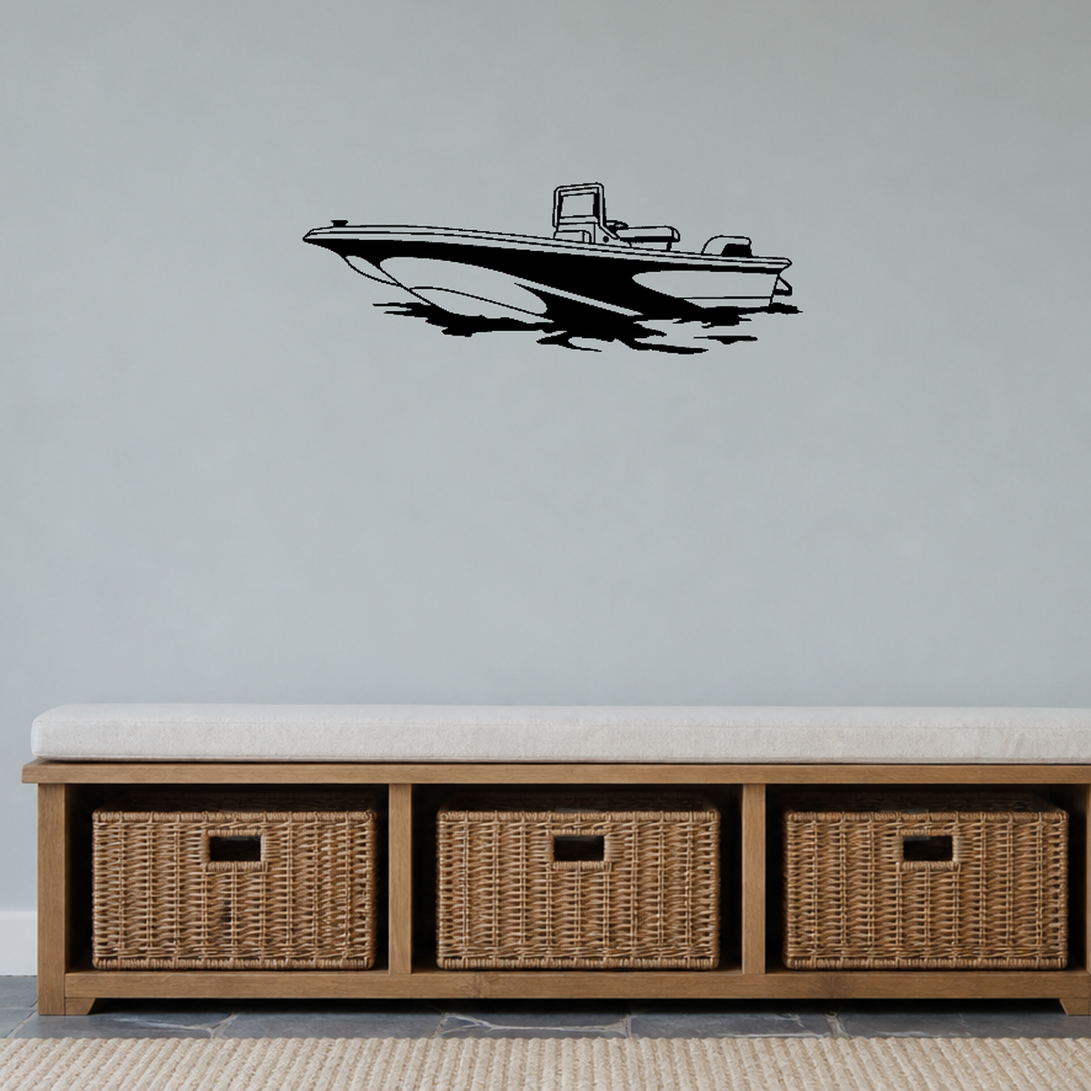 Speed boat Removable Vinyl Decal for Interior Walls shown as a removable vinyl wall decal in a second room setting