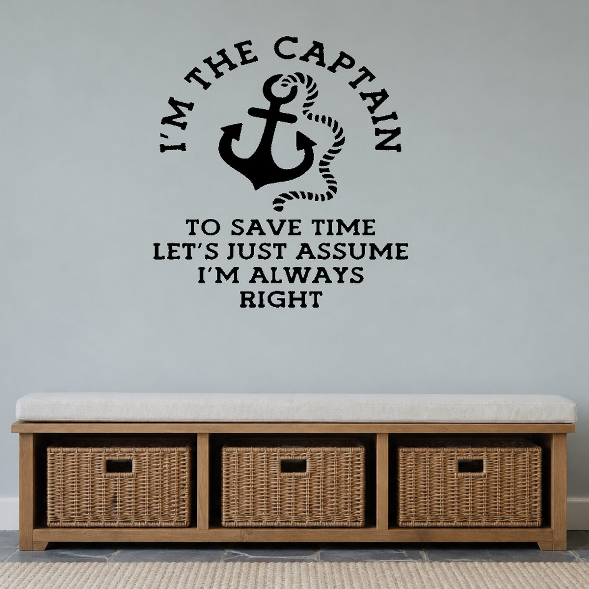 I'm the captain, anchor Removable Vinyl Decal for Interior Walls shown as a removable vinyl wall decal in a second room setting