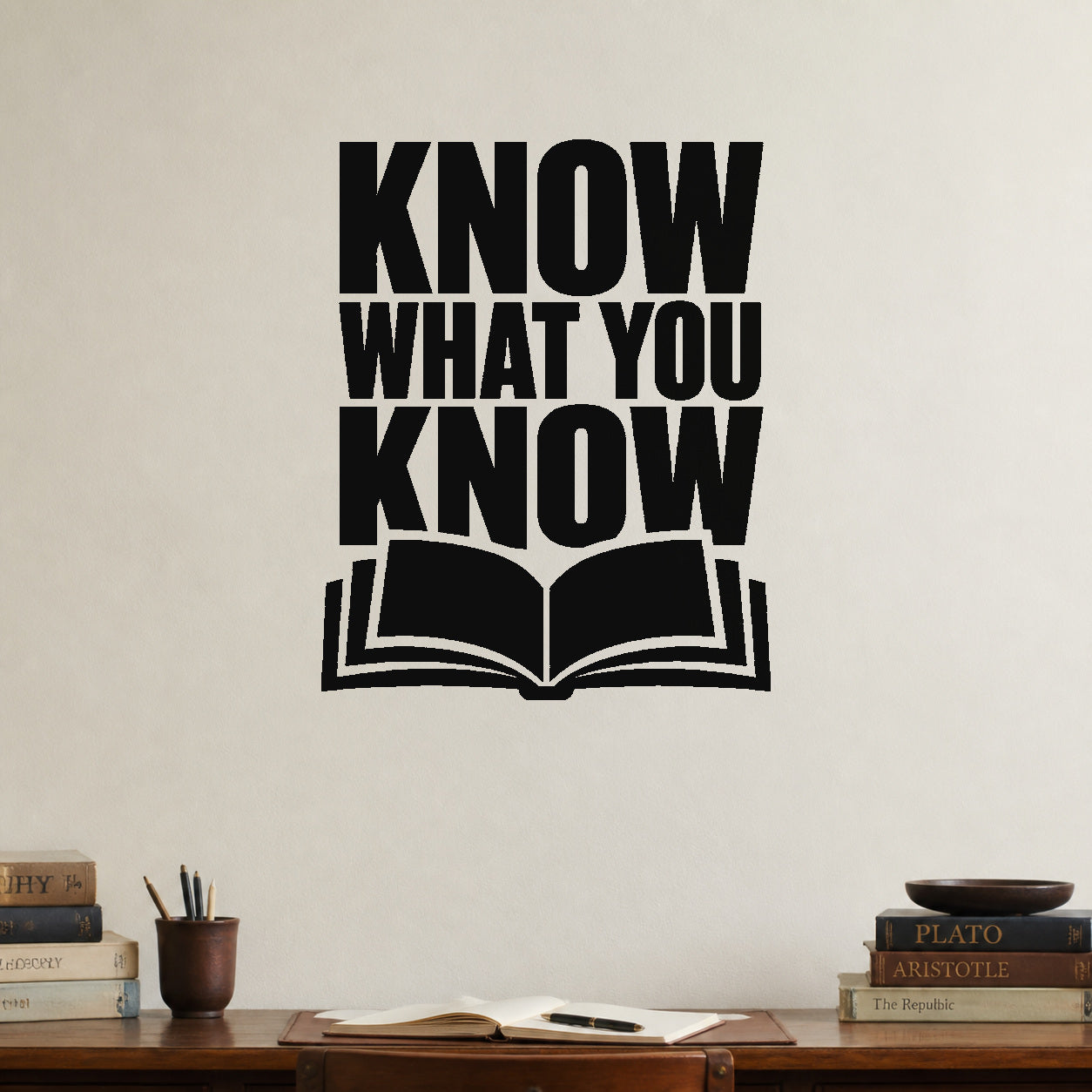 Alternate room view of the Know What You Know removable vinyl wall decal.