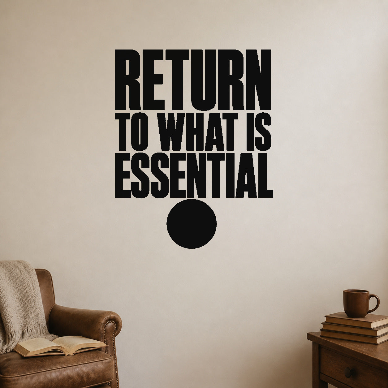 Alternate room view of the Return to What Is Essential removable vinyl wall decal.