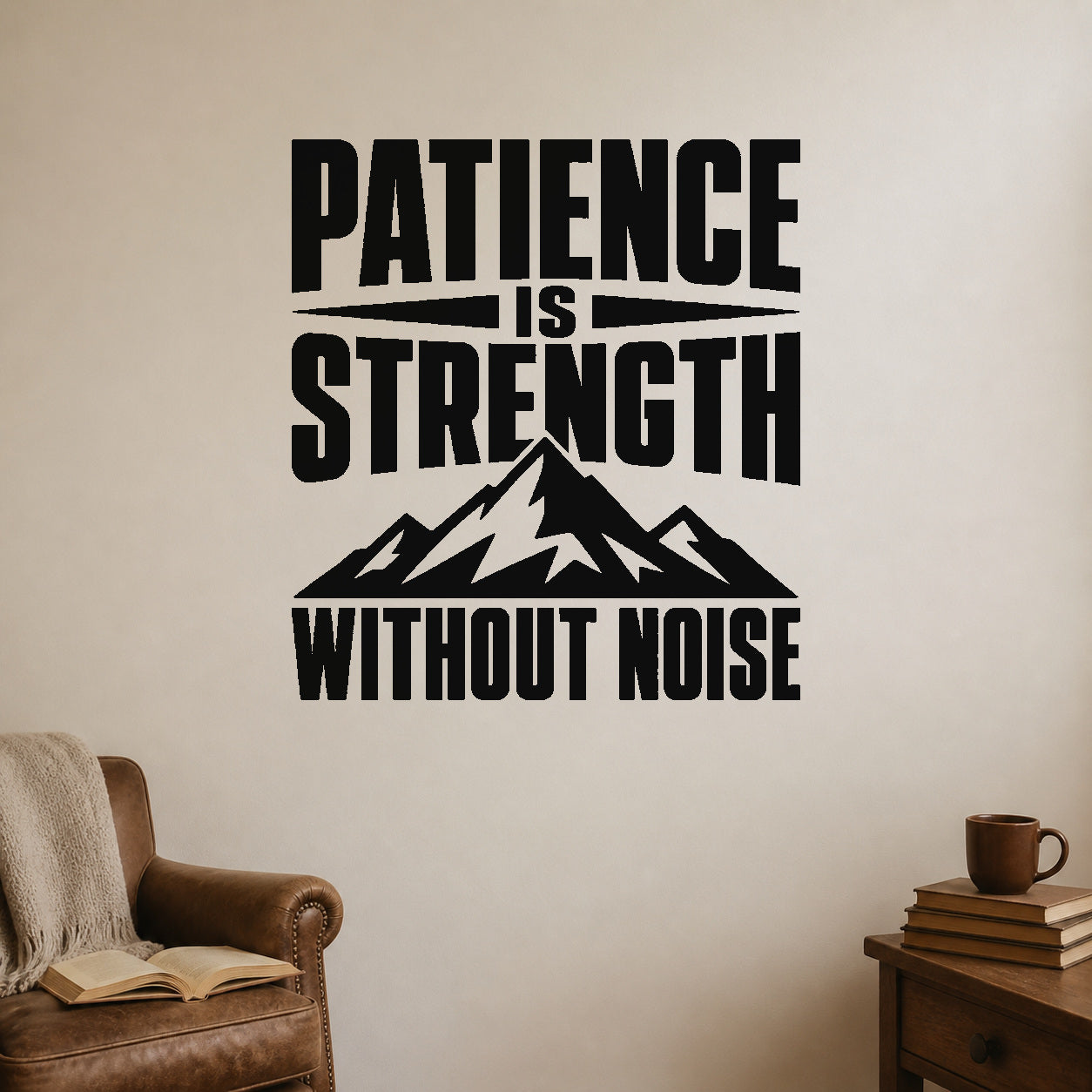 Patience Is Strength Without Noise removable vinyl wall decal shown in a styled room.