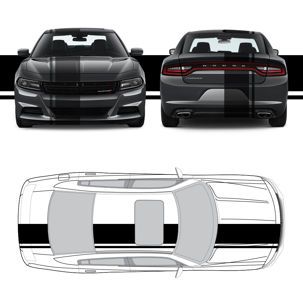 Dual Racing Stripes [3x] 2" , 2", 18" x 70" Self Healing Air Release Vinyl Fits All Vehicles