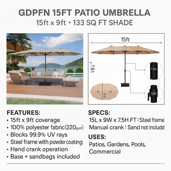 GDPFN 15FT Large Patio Umbrella with Base - Beige - 133 SQ FT Shade Coverage