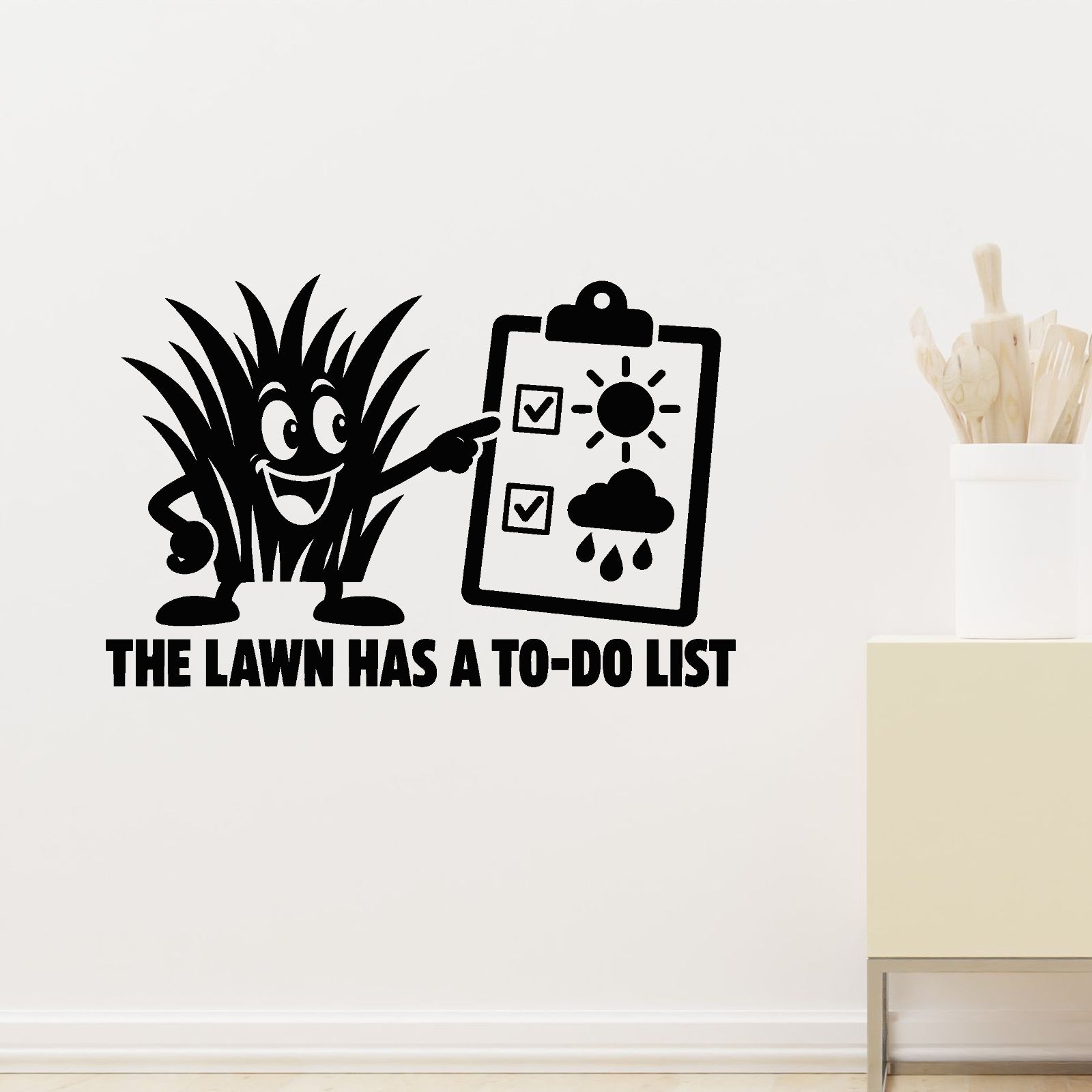 Alternate room view of The Lawn Has A To-Do List Removable Wall Decal