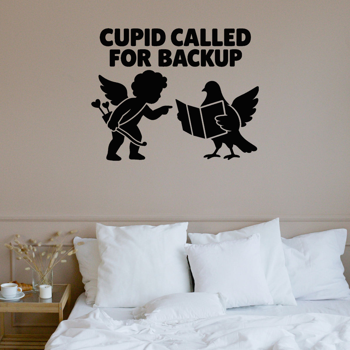 Cupid Called For Backup Removable Wall Decal shown on a clear indoor wall