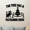 The Tree Has a Restraining Order Christmas cat removable wall decal, black design shown on a clear indoor wall