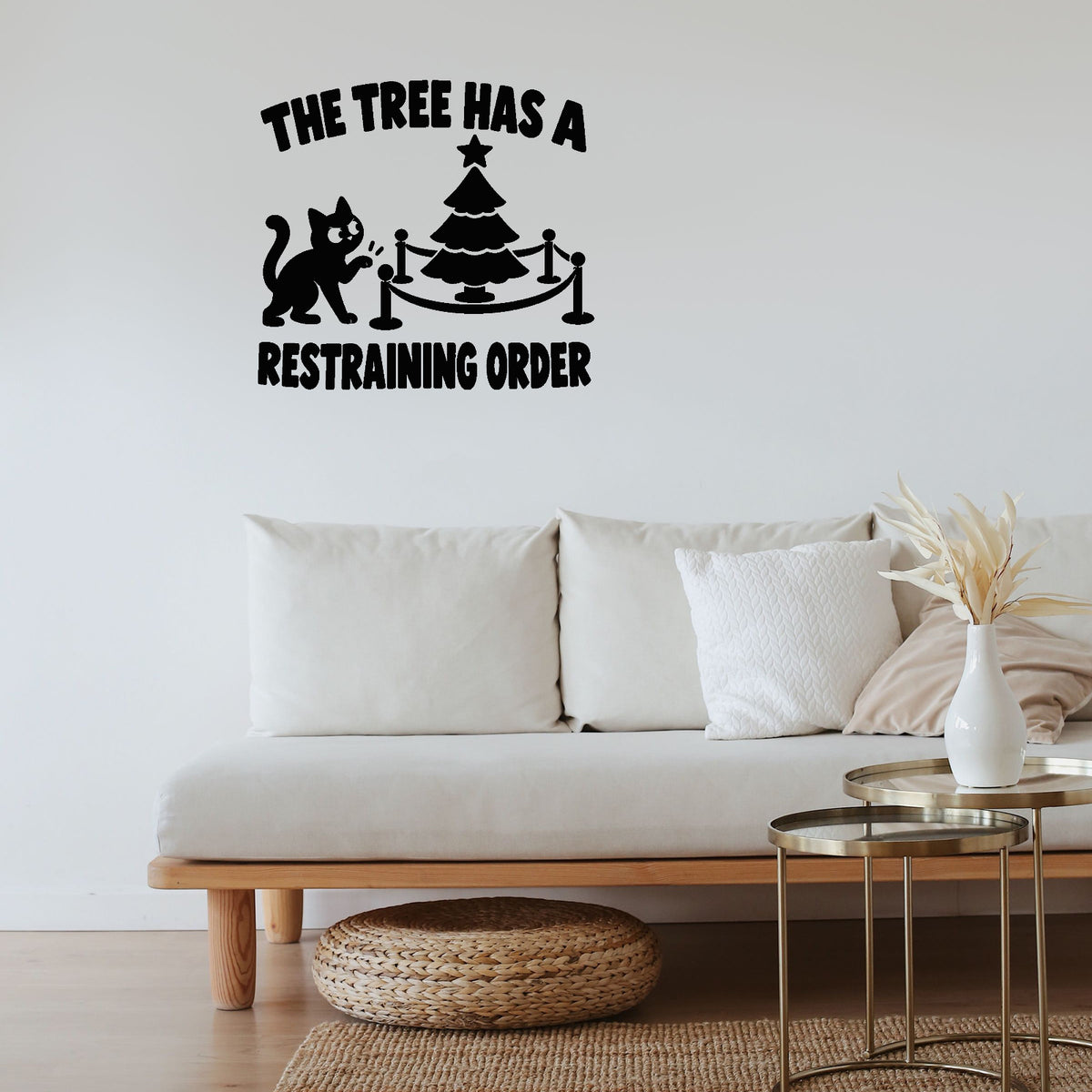 Alternate room view of The Tree Has a Restraining Order Christmas cat wall decal