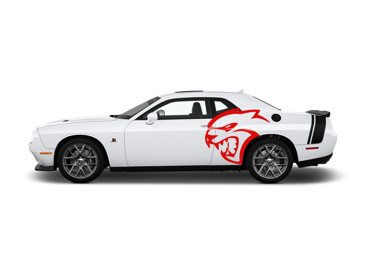 a white sports car with a red dragon on the side