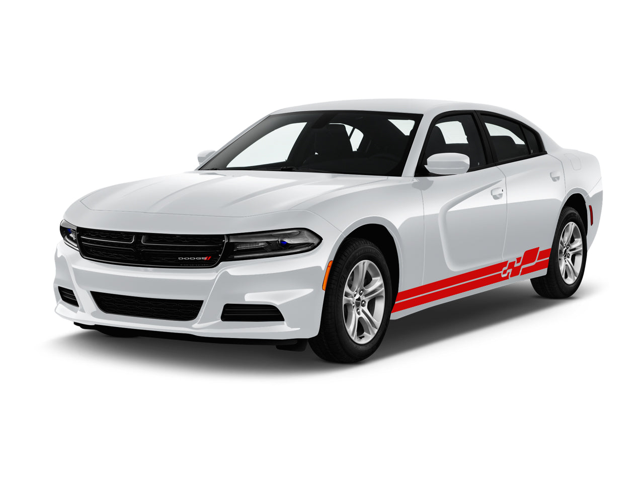 a white car with a red stripe on it