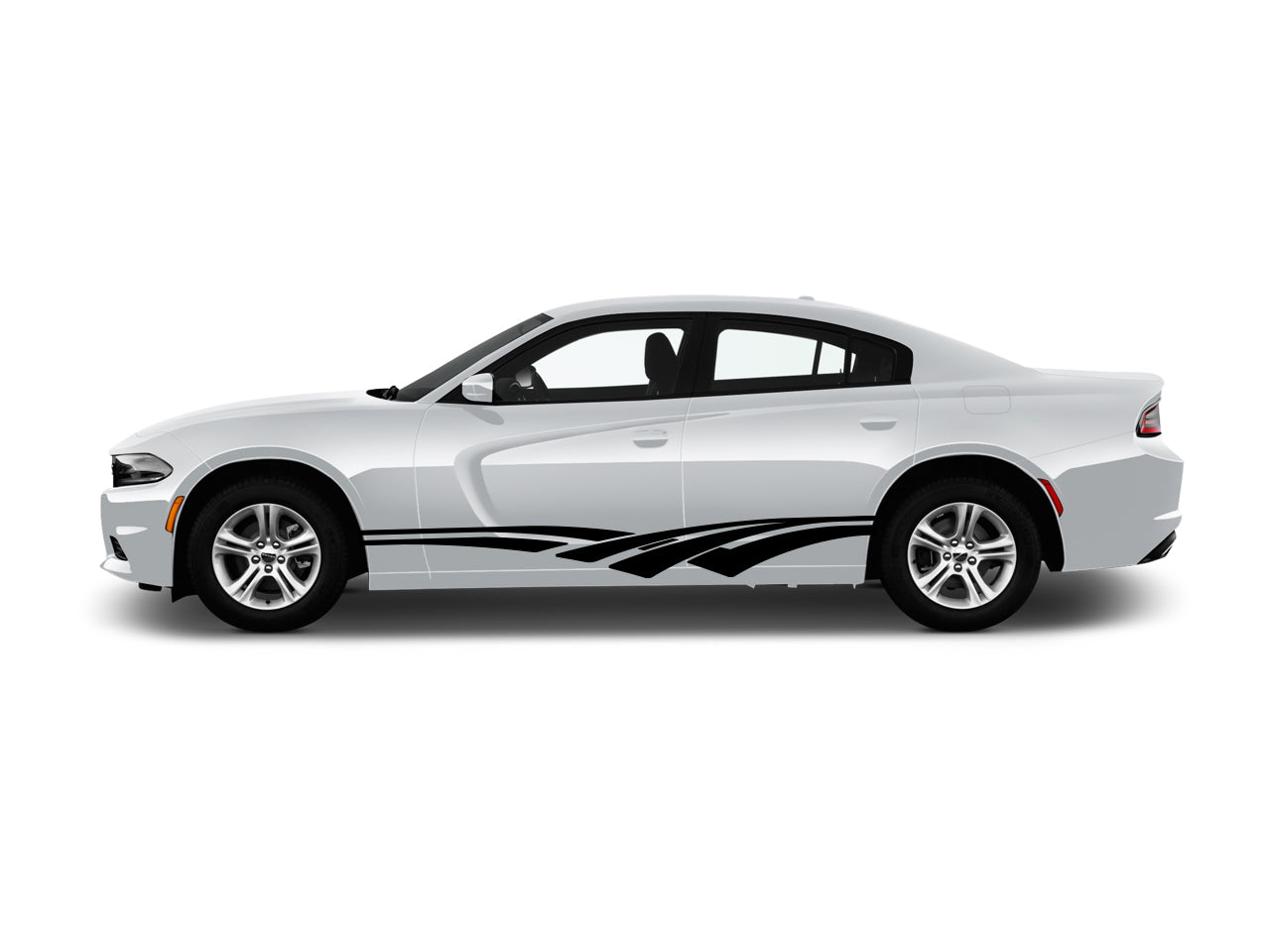 a white car with a black and white design on it