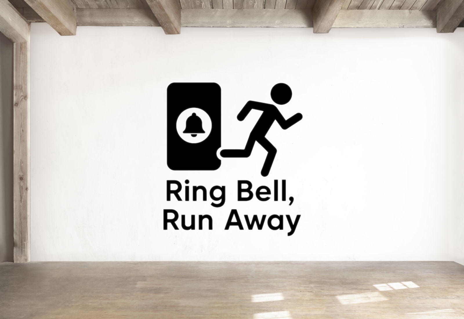 a simple black and white logo with a person running and a bell icon, accompanied by the text "Ring Bell, Run Away" on a white wall.