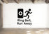 a simple black and white logo with a person running and a bell icon, accompanied by the text "Ring Bell, Run Away" on a white wall.