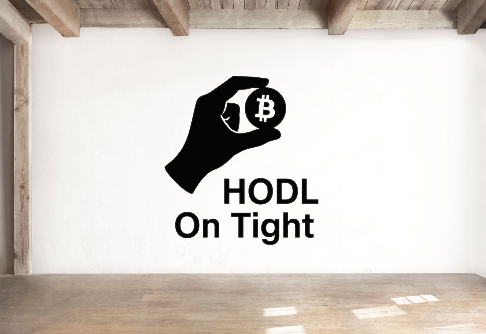 a hand holding a Bitcoin symbol, with the text "HODL On Tight" below it.