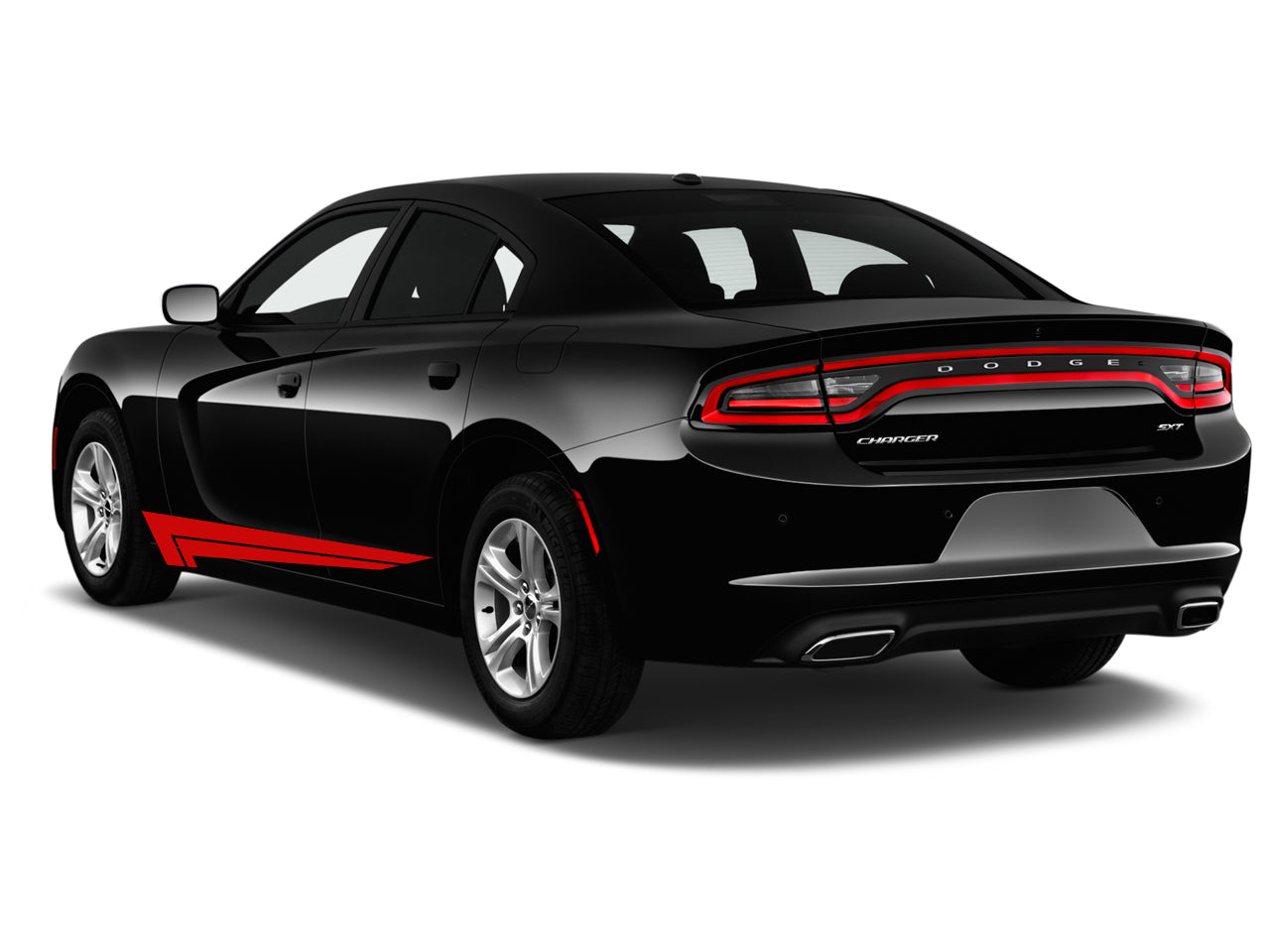 a black and red dodge charger parked in front of a white background
