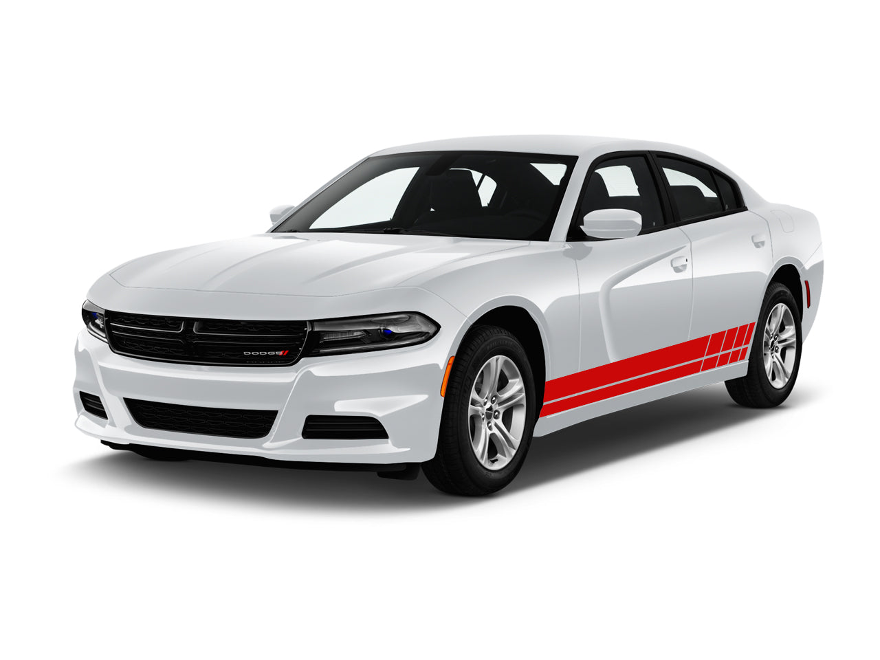 a white car with a red stripe on it