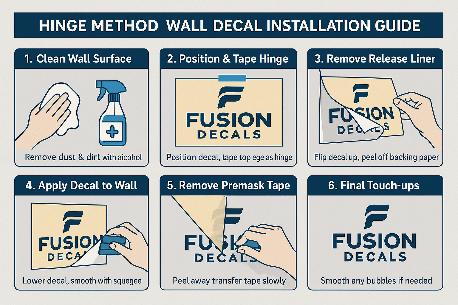 The image is a guide for the installation of wall decals, providing step-by-step instructions for the process.