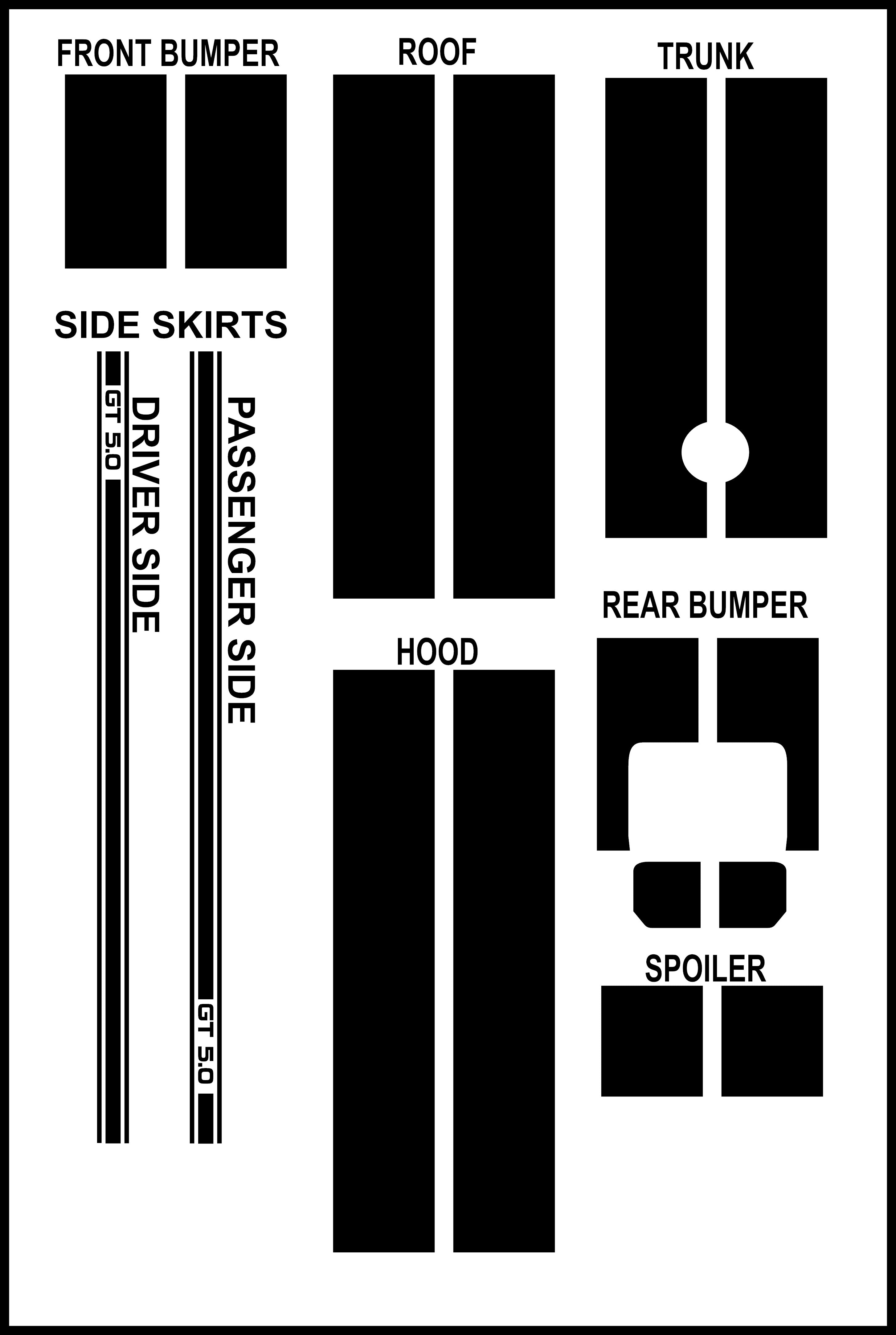 Dual 11" GT 5.0 Racing Stripes Self Healing Vinyl fits Ford Mustang 2010 to 2014
