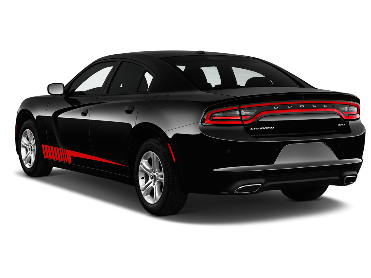 a black and red dodge charger parked on a white background