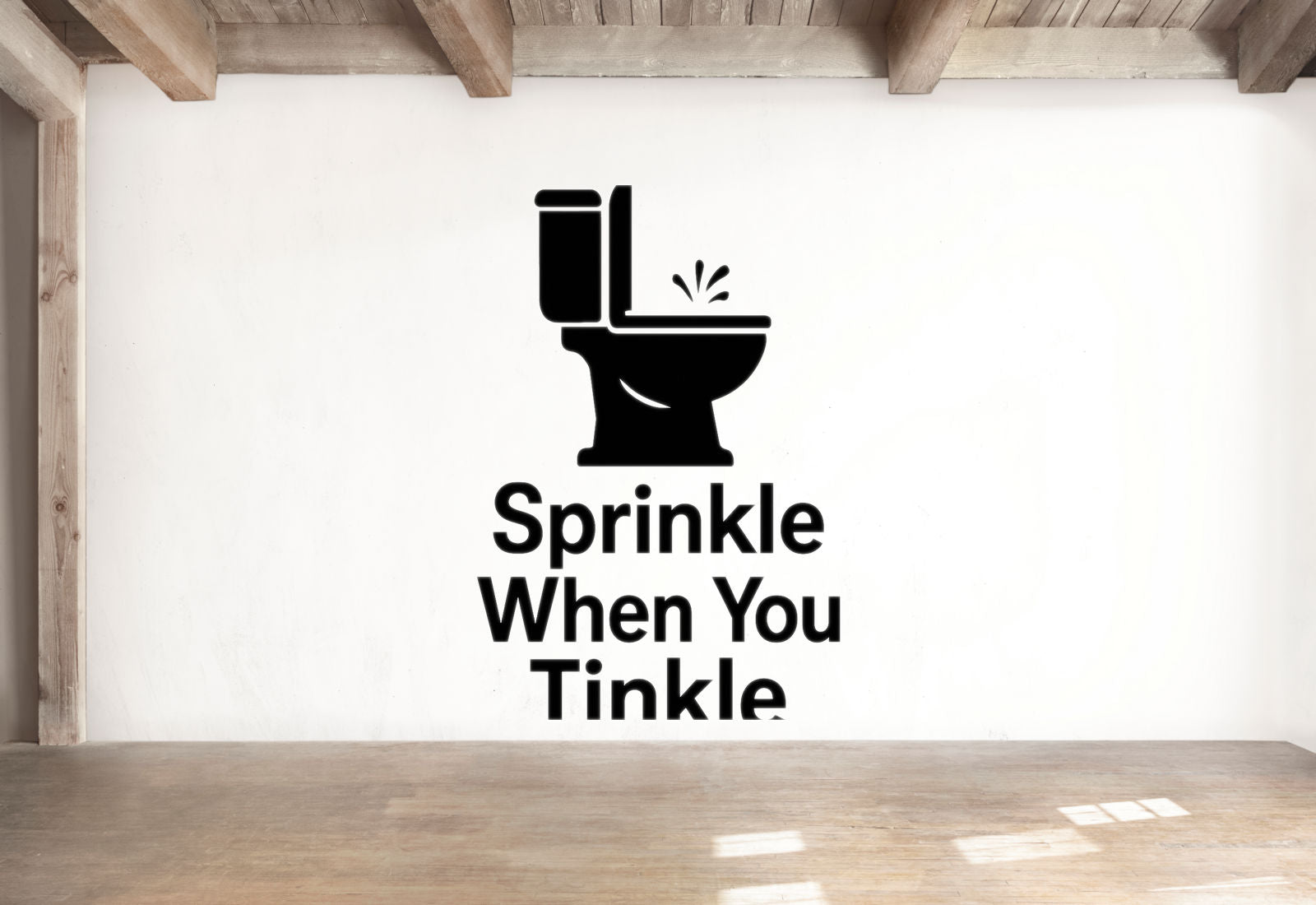 a wall with a black and white graphic of a toilet and the text 