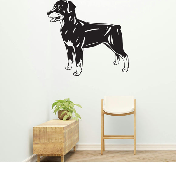 a black and white dog wall decal on a white wall