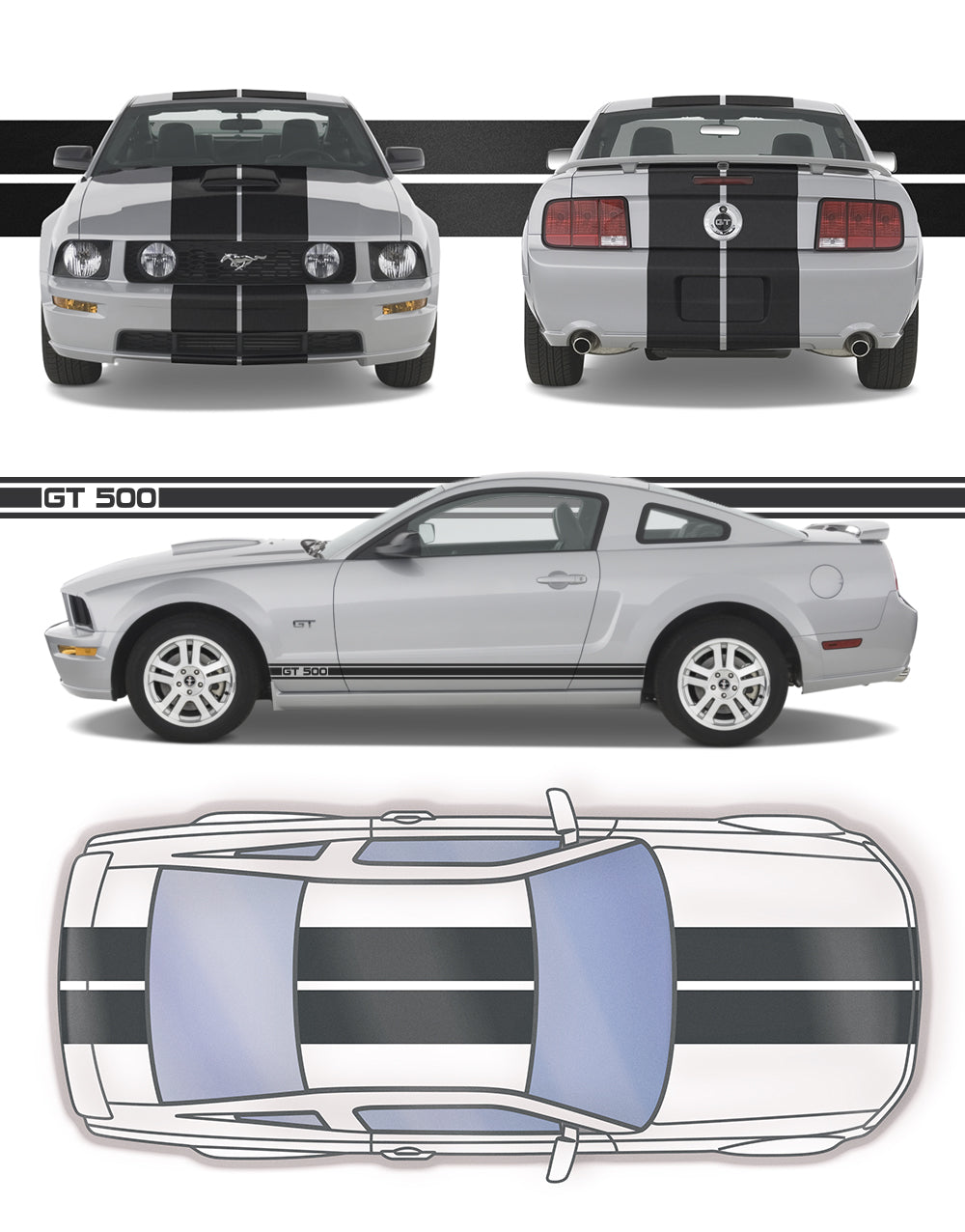 GT 500 Dual 11" Racing Stripes Self Healing Vinyl fits Ford Mustang 2005 to 2009