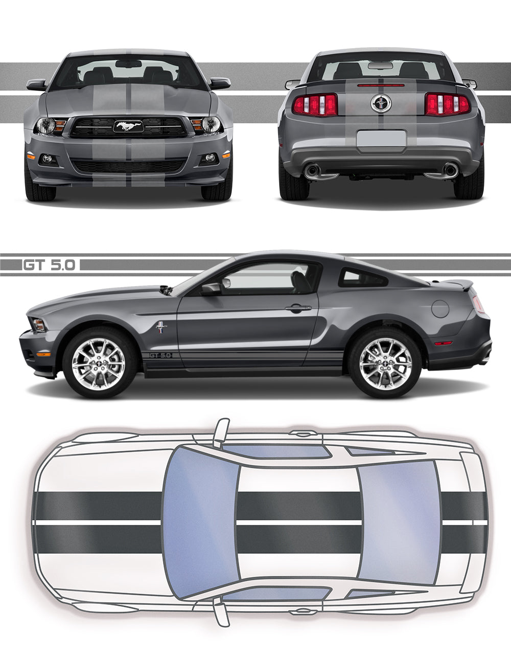 Dual 11" GT 5.0 Racing Stripes Self Healing Vinyl fits Ford Mustang 2010 to 2014