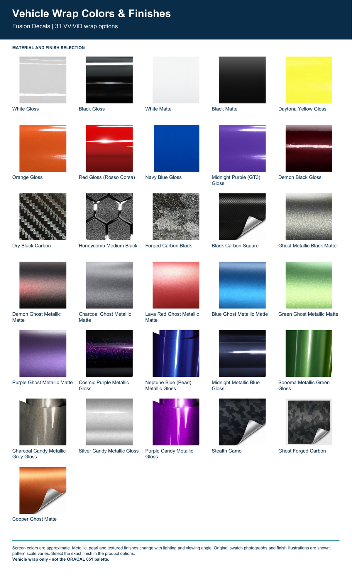 Fusion Decals vehicle wrap chart showing 31 named color and finish options