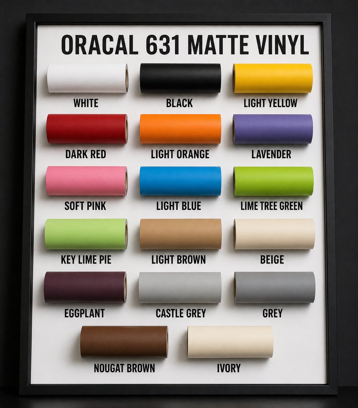 Fusion Decals ORACAL 631 removable matte vinyl color chart with 17 labeled colors