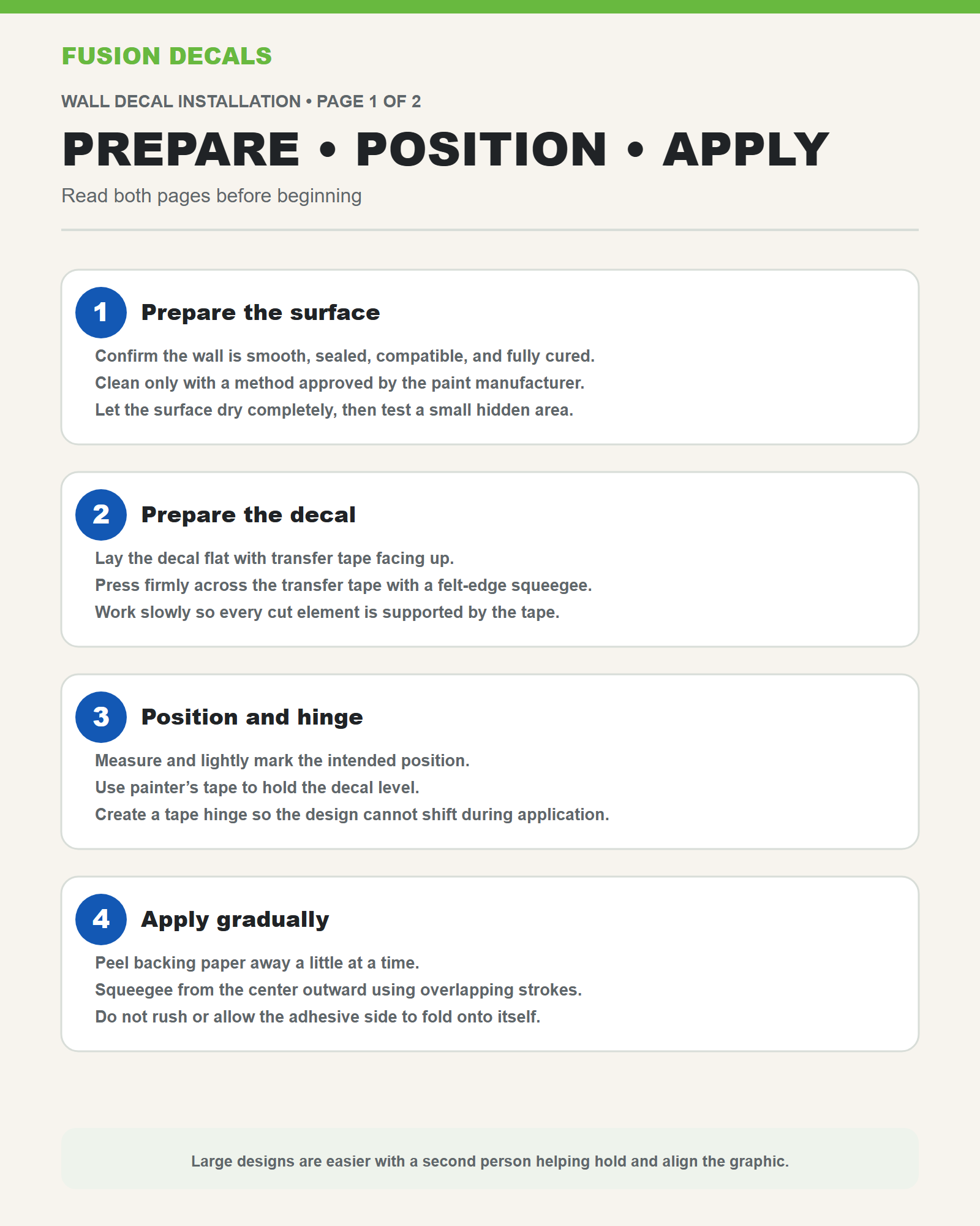 Fusion Decals wall decal installation guide page one: prepare, position, and apply.