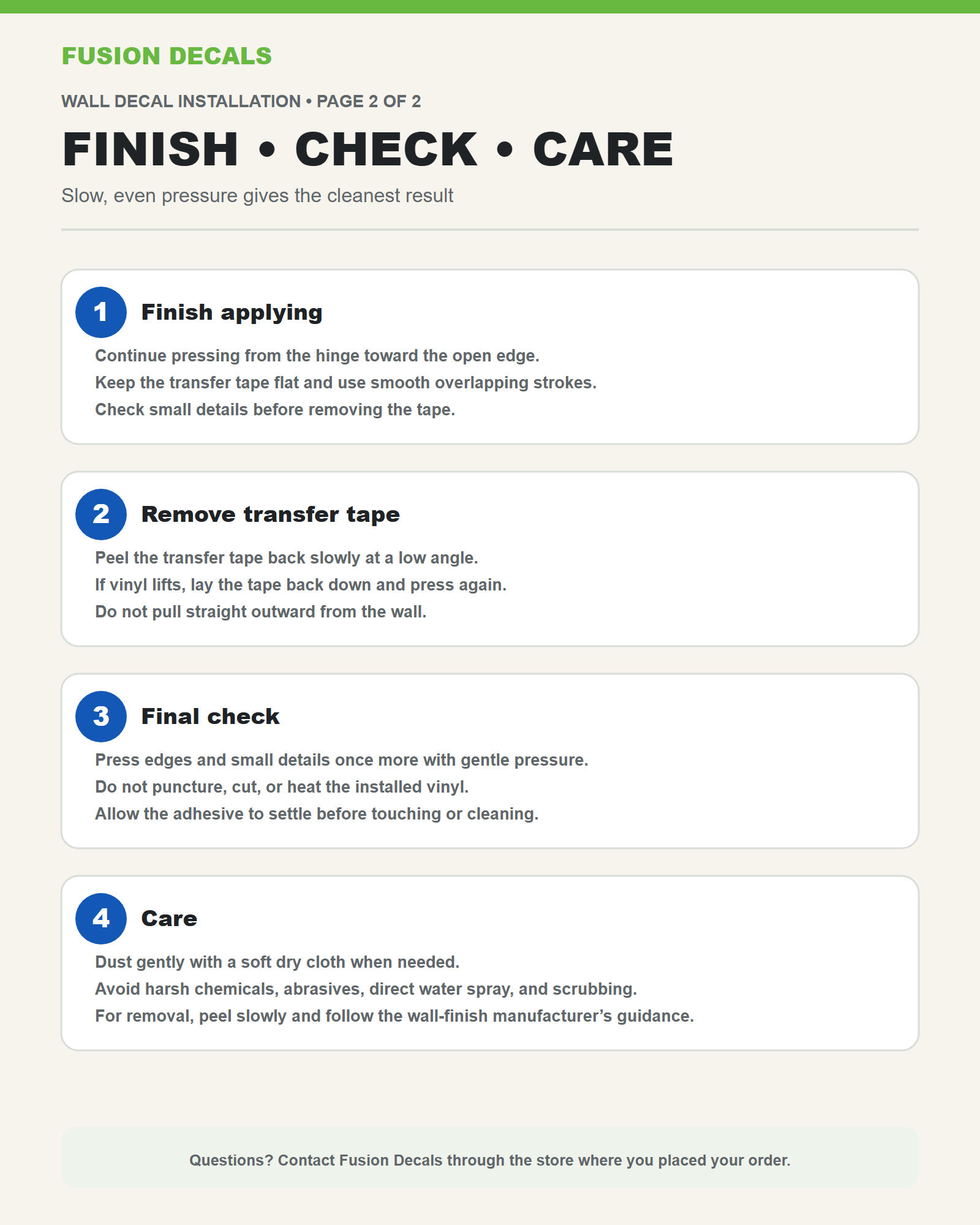 Fusion Decals wall decal installation guide page two: finish, check, and care.