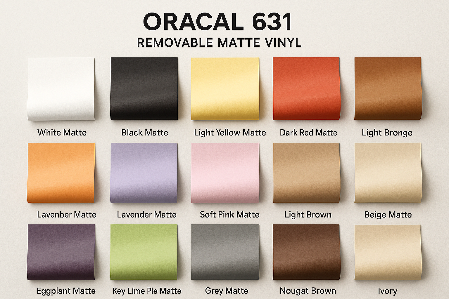 ORACAL 631 matte vinyl color chart shown as 17 labeled vinyl rolls.