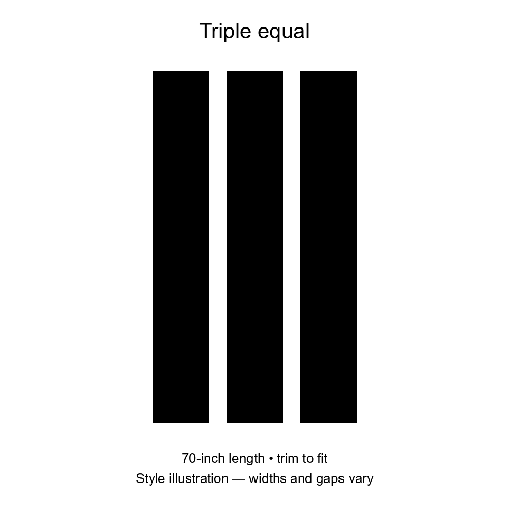 triple equal stripe layout illustration. Fixed 70-inch length, trim to fit; widths and gaps vary.