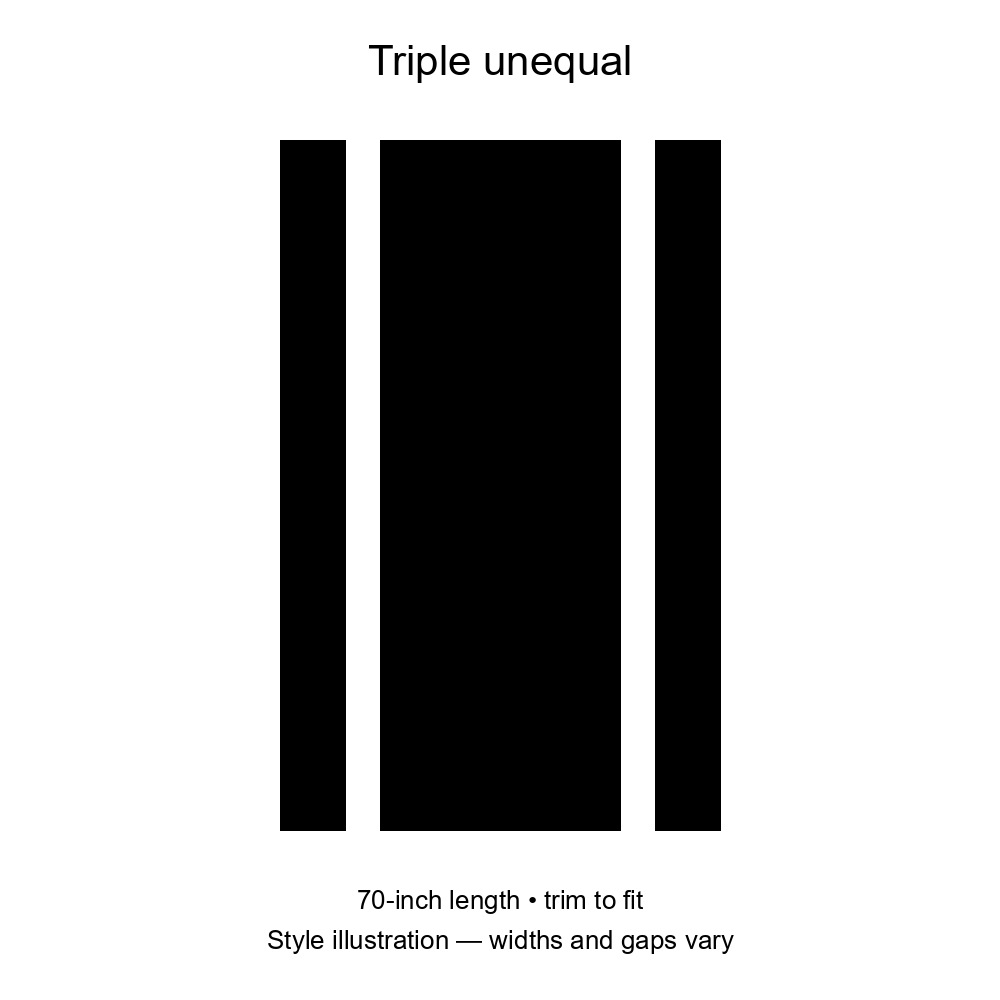 triple unequal stripe layout illustration. Fixed 70-inch length, trim to fit; widths and gaps vary.