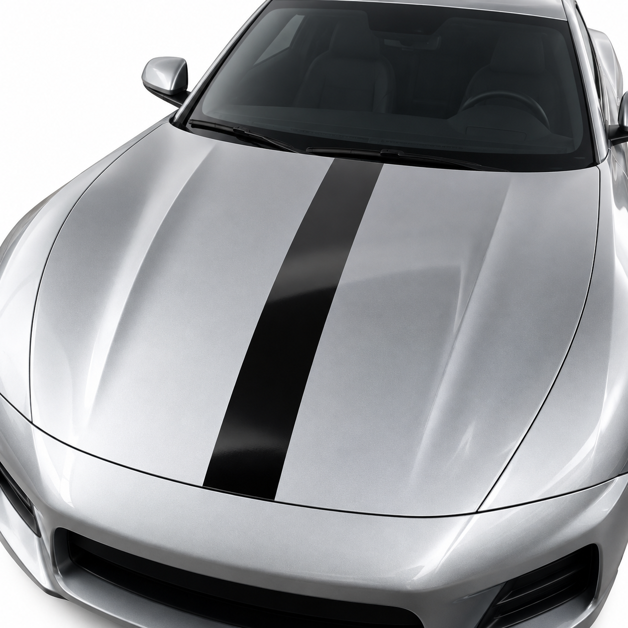 Illustrative single black straight stripe installation on a silver hood. Universal trim-to-fit vinyl; vehicle not included.