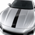 Illustrative single black straight stripe installation on a silver hood. Universal trim-to-fit vinyl; vehicle not included.