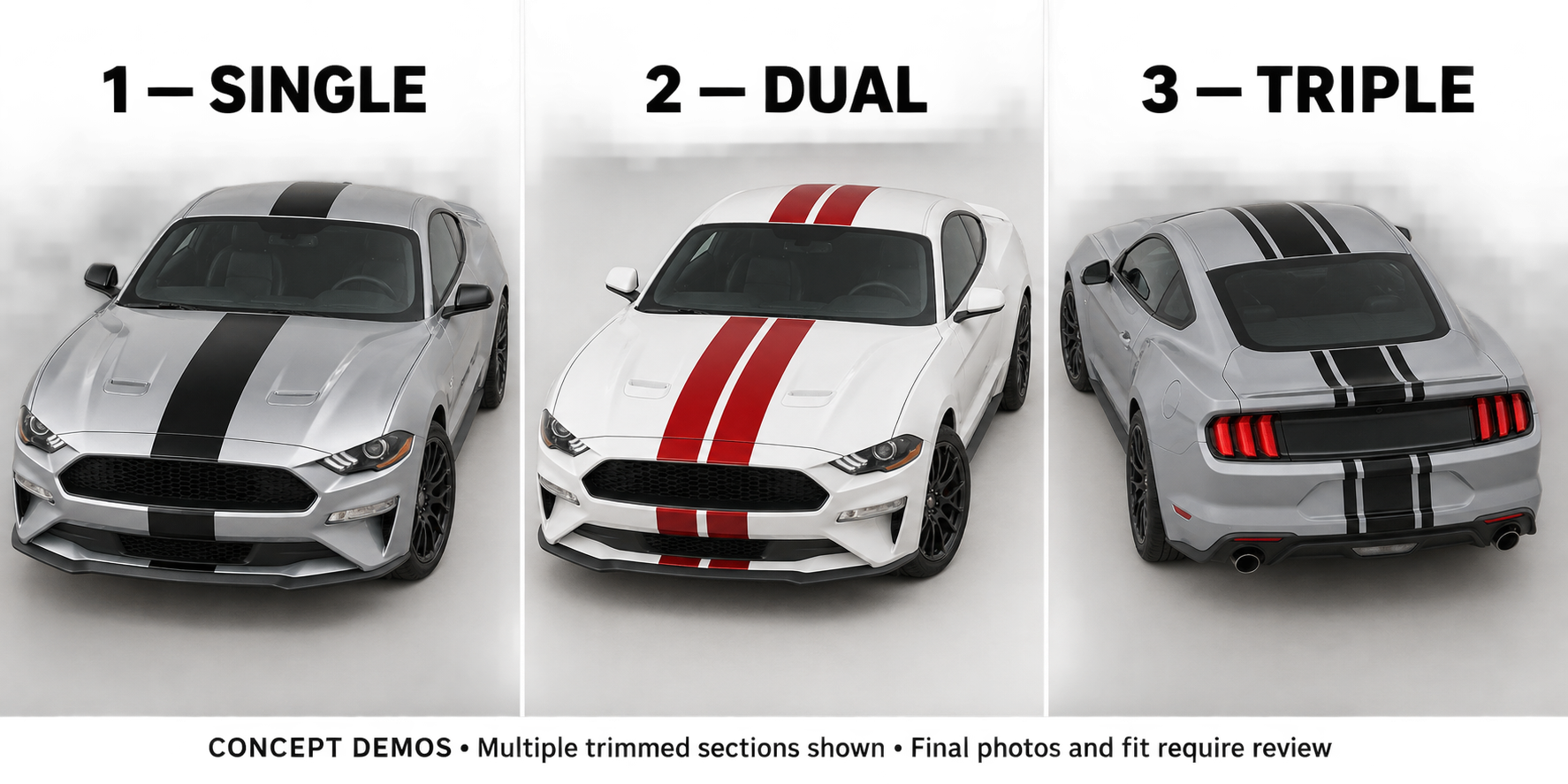 Illustrative single black, dual red and triple black racing stripe layouts. Multiple trimmed sections shown; vehicle not included.