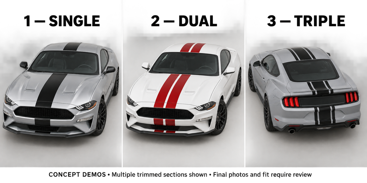 Illustrative single black, dual red and triple black racing stripe layouts. Multiple trimmed sections shown; vehicle not included.