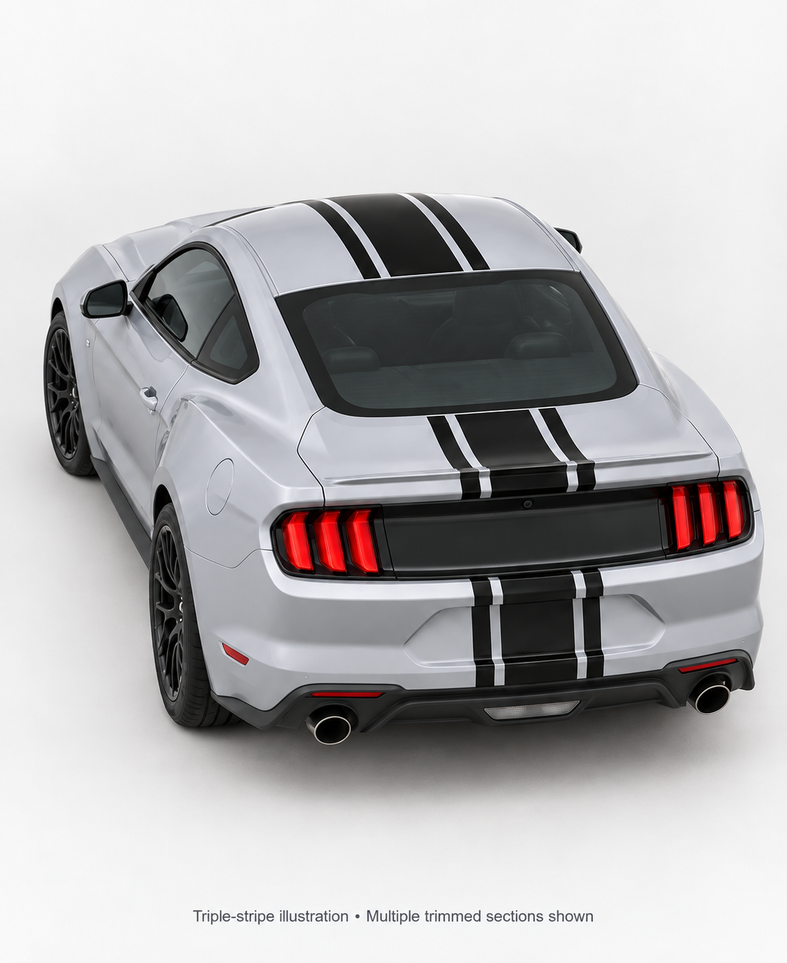 Illustrative unequal triple black stripes across roof, trunk and rear bumper. Multiple trimmed sections shown; vehicle not included.