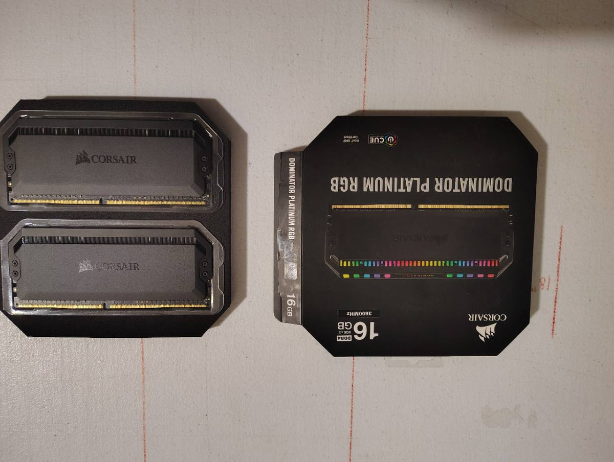 Actual used Corsair Dominator Platinum RGB 16GB two-module RAM kit with pictured packaging