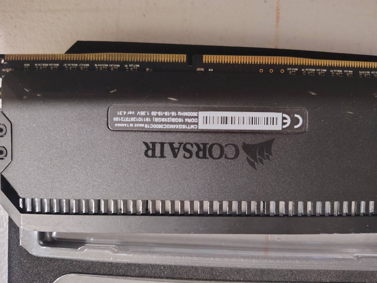 Actual Corsair RAM module label: CMT16GX4M2C3600C18, DDR4 16GB 2x8GB, 3600MHz CL18, version 4.31