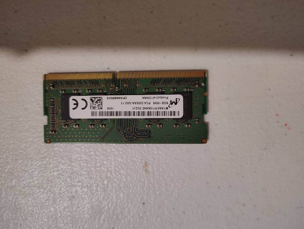 Actual Micron 8GB DDR4-3200 laptop RAM module MTA8ATF1G64HZ-3G2J1 label