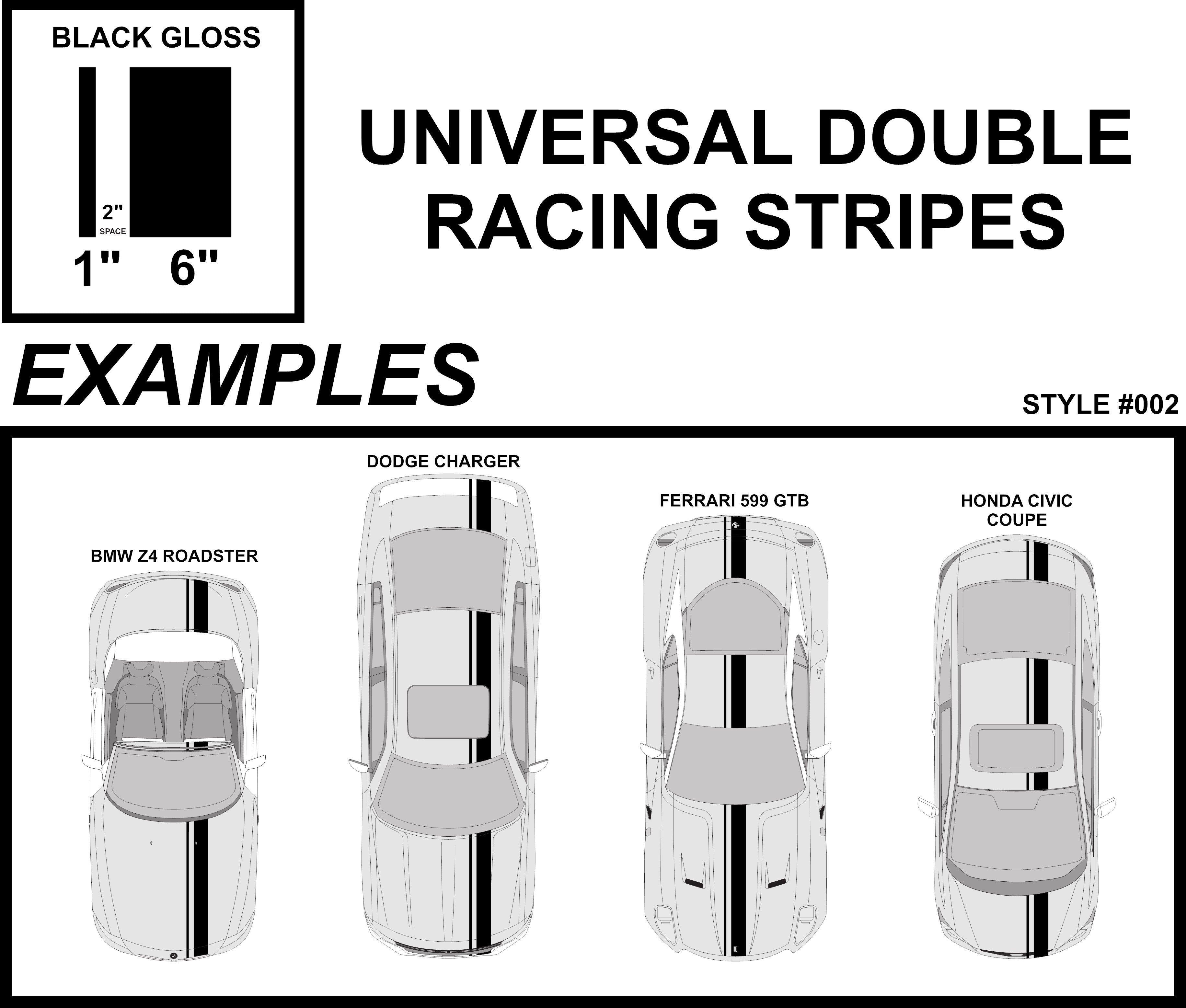 Dual Racing Stripes [3x] 1", 2", 6" x 74" - Vinyl Decals - Fits All Vehicles Fusion Decals
