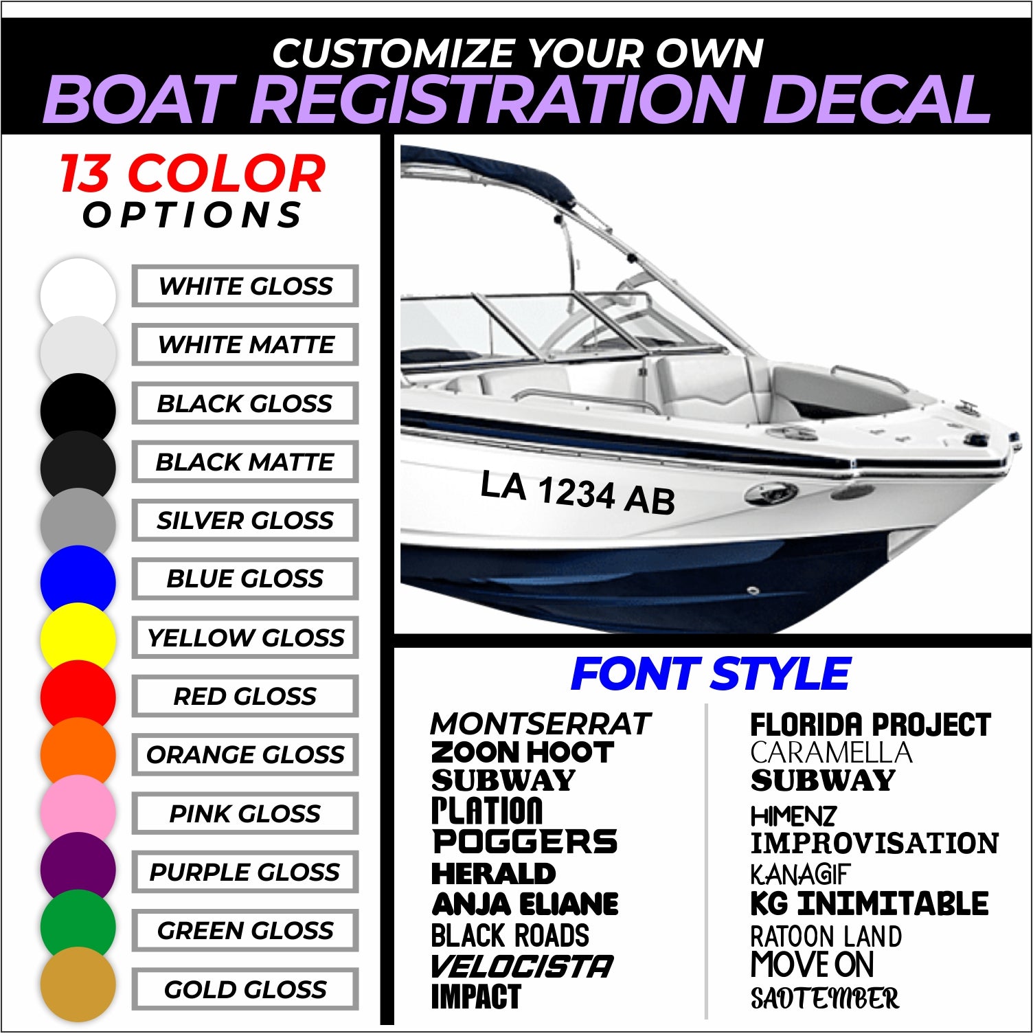 Customize Your Boat Registration Decal - Choose Size & Color & Font - Free Squeegee (PAIR) Fusion Decals