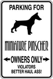 Parking for Minature Pinscher Owners Only Sign  - Car or Wall Decal - Fusion Decals