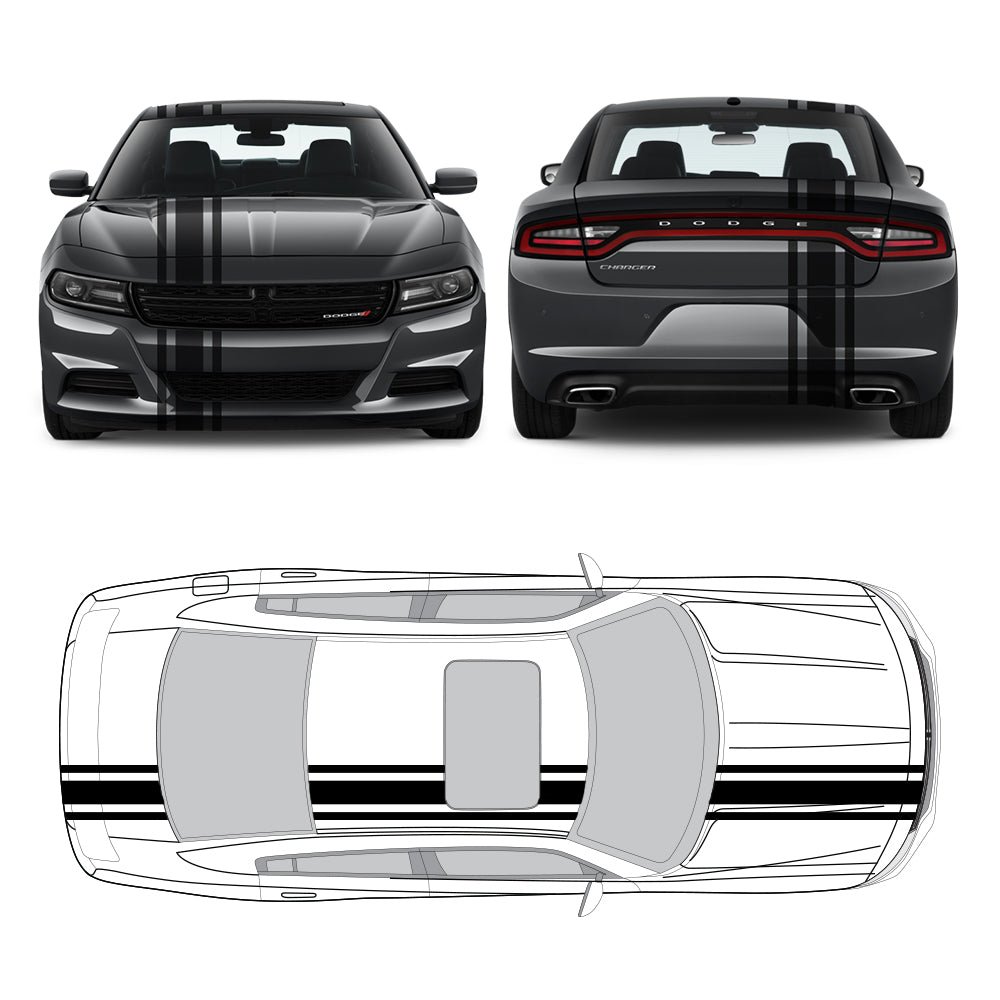 Dual Racing Stripes [3x] 6", 2", 6" x 74" - Vinyl Decals - Fits All Vehicles Fusion Decals